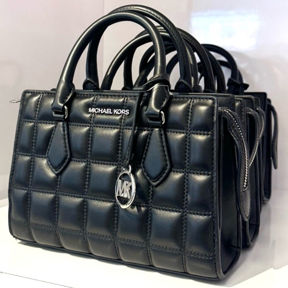 Michael Kors Small Quilted Sheila CZ Satchel Bag Vegan Material Black/Silver - Picture 1 of 6